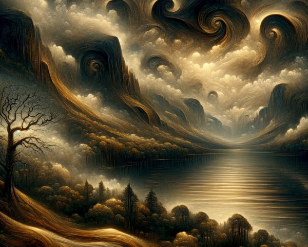 Surreal Landscape with Mountains and Tranquil Lake