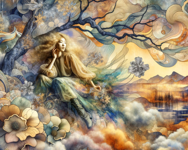Whimsical Scene of a Woman Among Clouds and Flowers