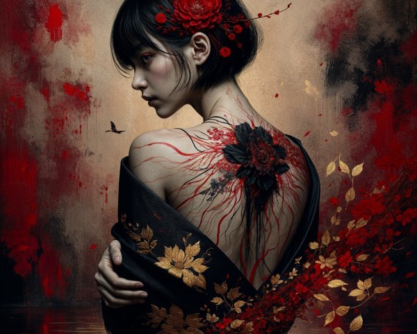 Portrait of a Young Woman with Floral Tattoos and Background