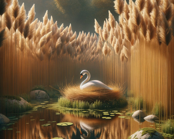 Serene Swan Nesting in a Golden Landscape Pond