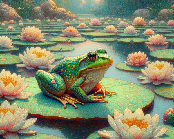 Detailed Painting of Green Spotted Frog on Lily Pad