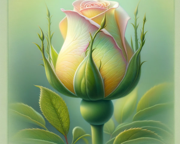 Pastel Rose Bud with Green Leaves and Soft Background