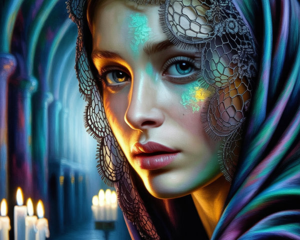 Young Woman in Lace Veil with Candlelight Glow