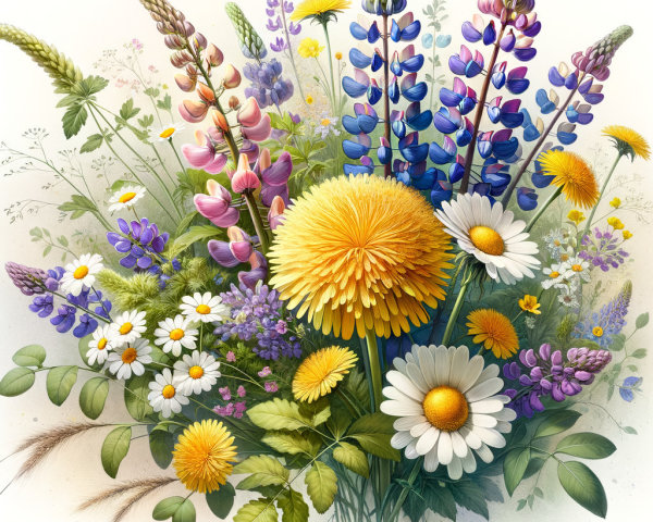 Vibrant Wildflower Bouquet with Dandelions and Lupins
