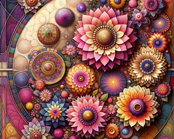 Vibrant Composition of Stylized Flowers and Patterns