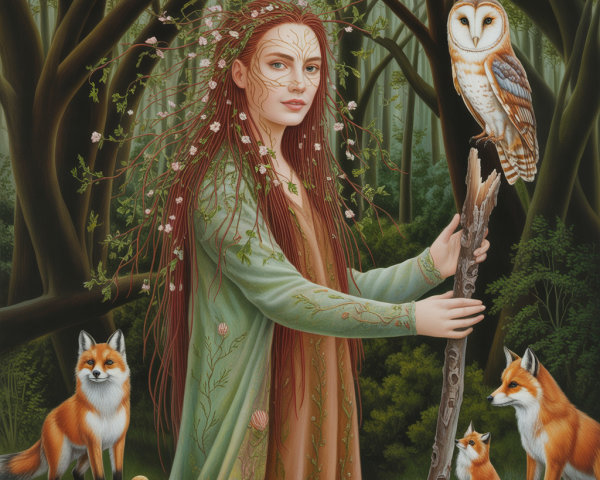 Mystical Forest Scene with Woman, Owl, and Foxes