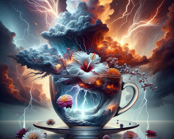Surreal Teacup Scene with Stormy Landscape and Clouds