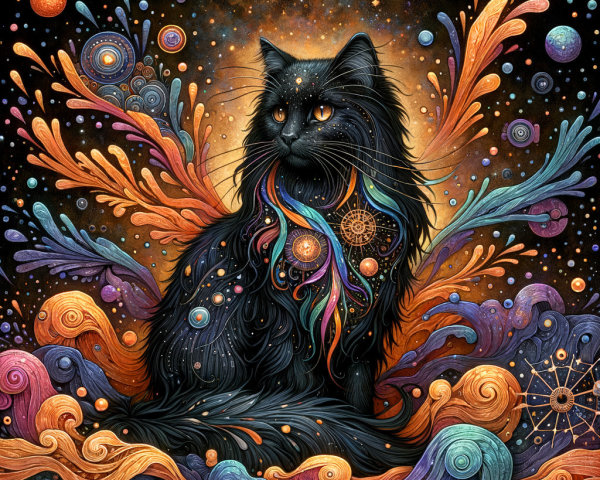 Mystical Black Cat in a Colorful Cosmic Scene