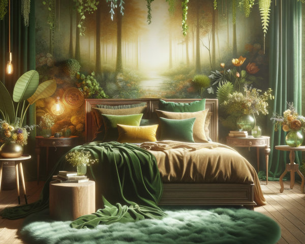 Nature-Inspired Bedroom with Earthy Tones and Greenery