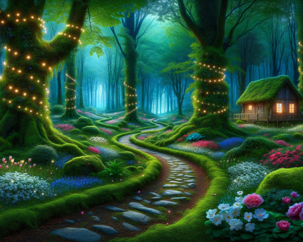 Mystical forest with enchanting cottage and vibrant flora