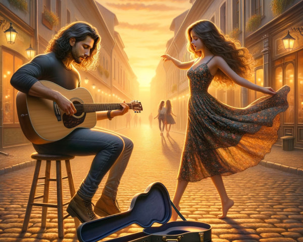 Sunset Scene with Guitarist and Dancer on Cobblestone Street