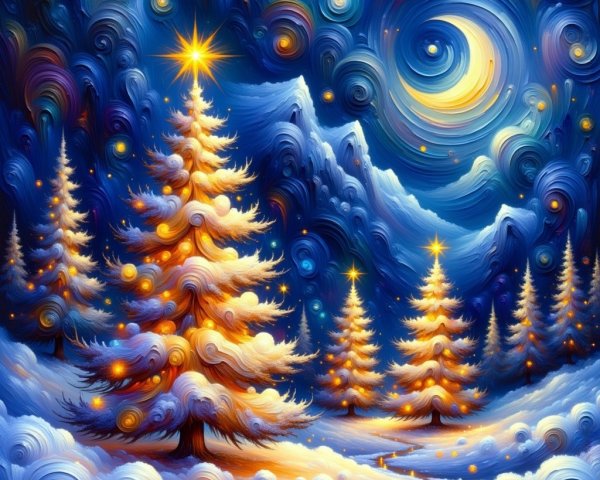 Vibrant Winter Scene with Snowy Trees and Stars