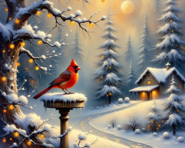 Red Cardinal in Winter Landscape with Cabin and Lights