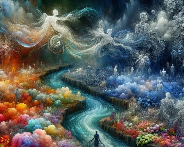 Surreal Landscape with Ethereal Figures and Colorful Streams