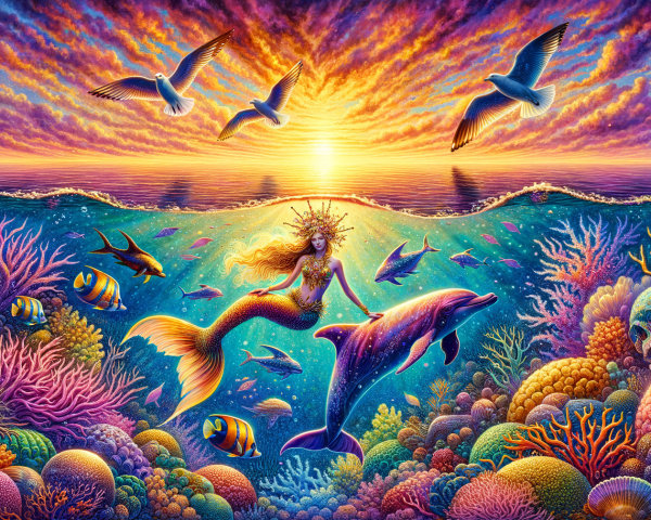 Surreal Digital Painting of Mermaid and Dolphin Underwater