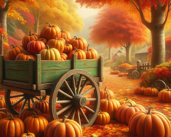 Autumn Scene with Pumpkins and Colorful Foliage