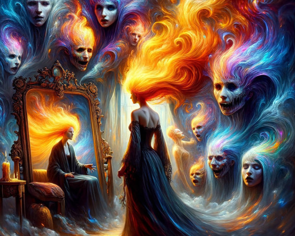 Surreal Scene with Mysterious Figure and Ethereal Faces