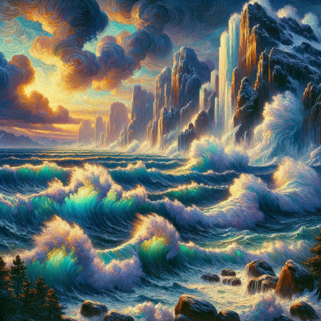 Stylized Seascape Oil Painting with Sunset and Mountains