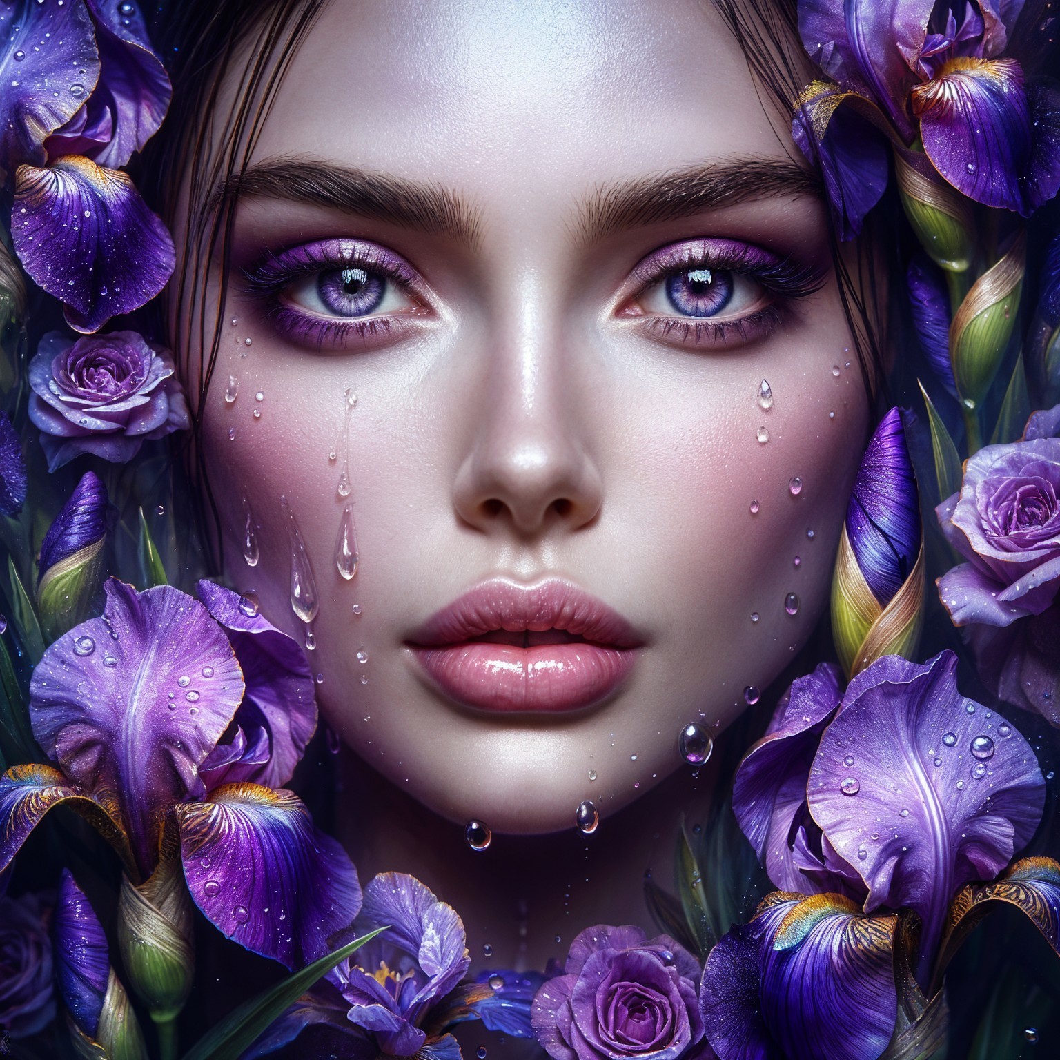 Close-Up of Woman with Purple Flowers and Dewy Skin