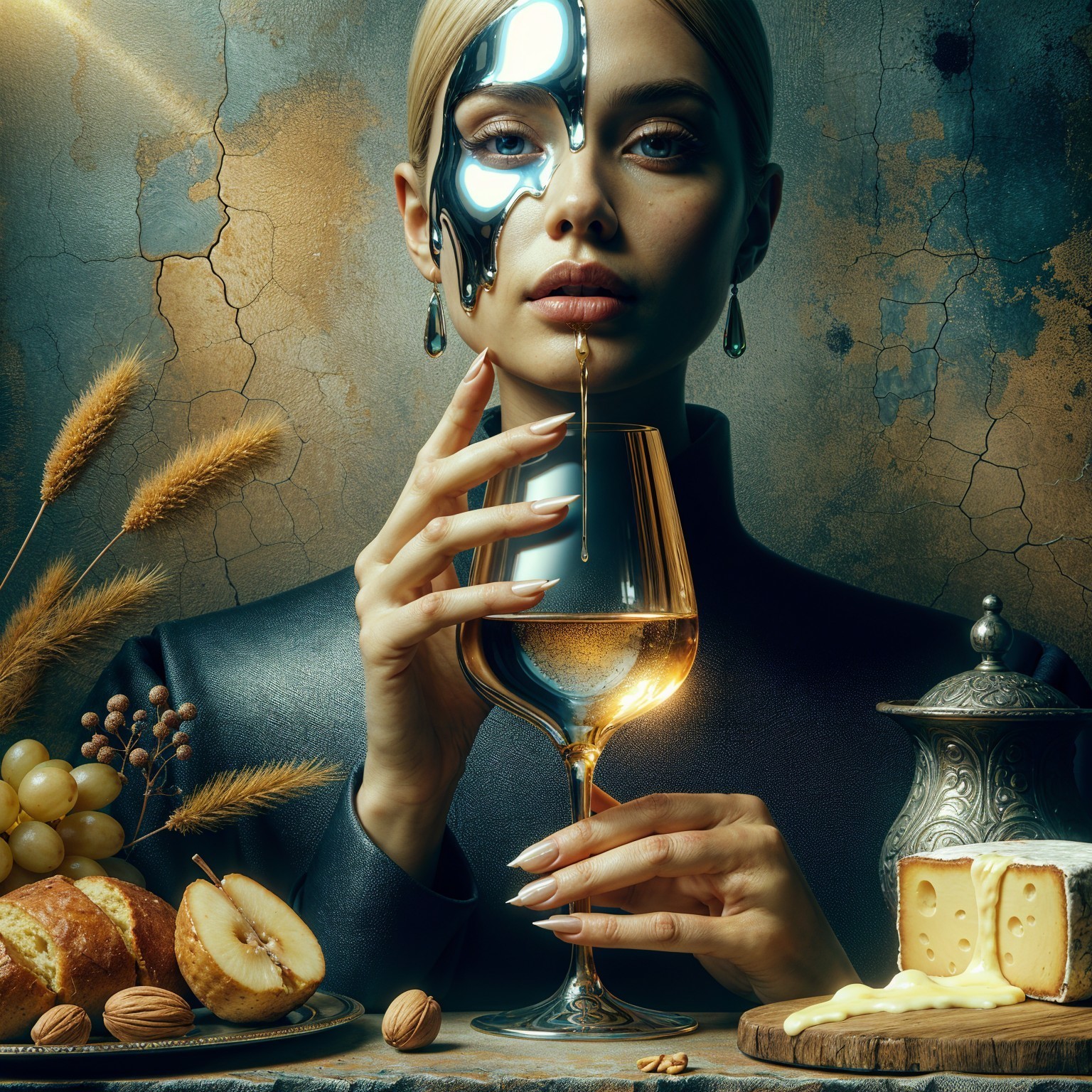 Metallic Masked Figure with Elegant Accessories and Feast
