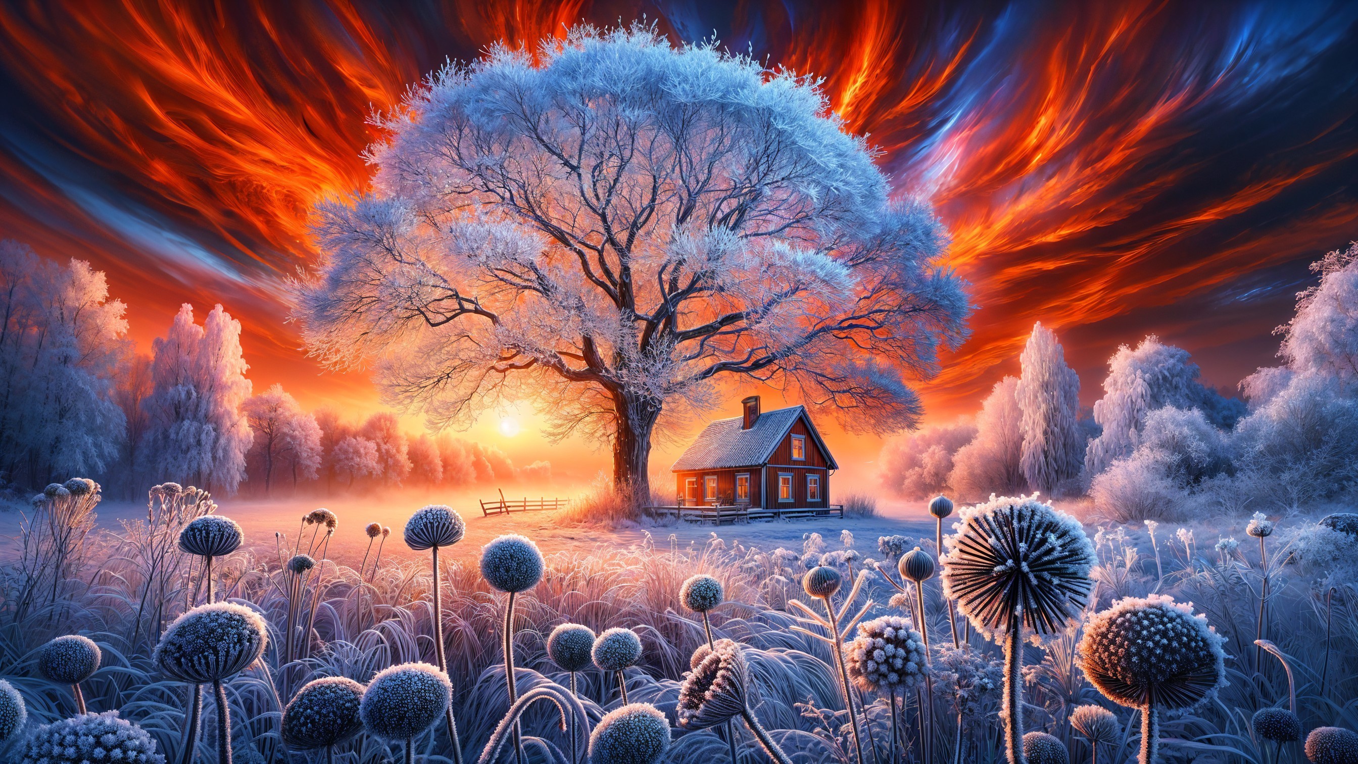 Winter Landscape with Cabin and Dramatic Sky