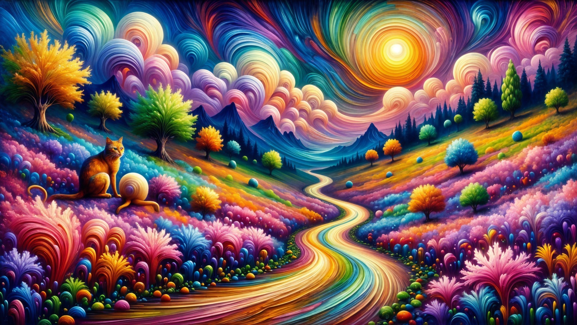 Vibrant Landscape with Colorful Trees and Cat