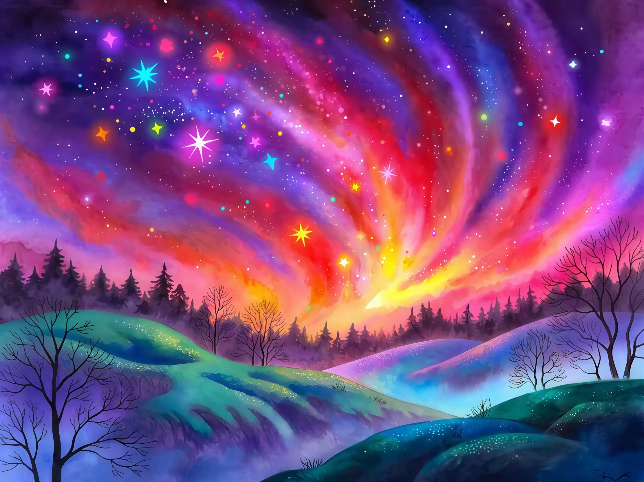 Colorful Watercolor Night Landscape with Aurora Borealis