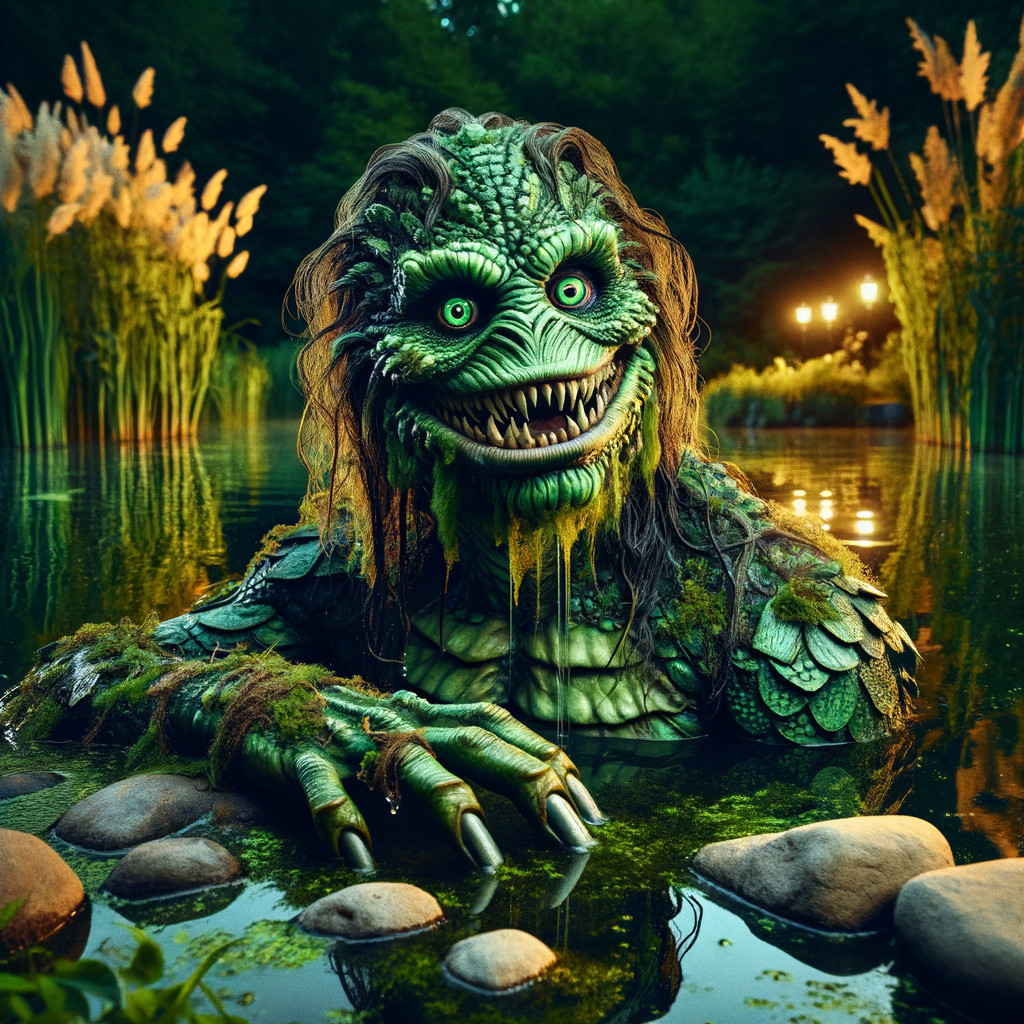 Fantastical creature by serene pond with warm lights