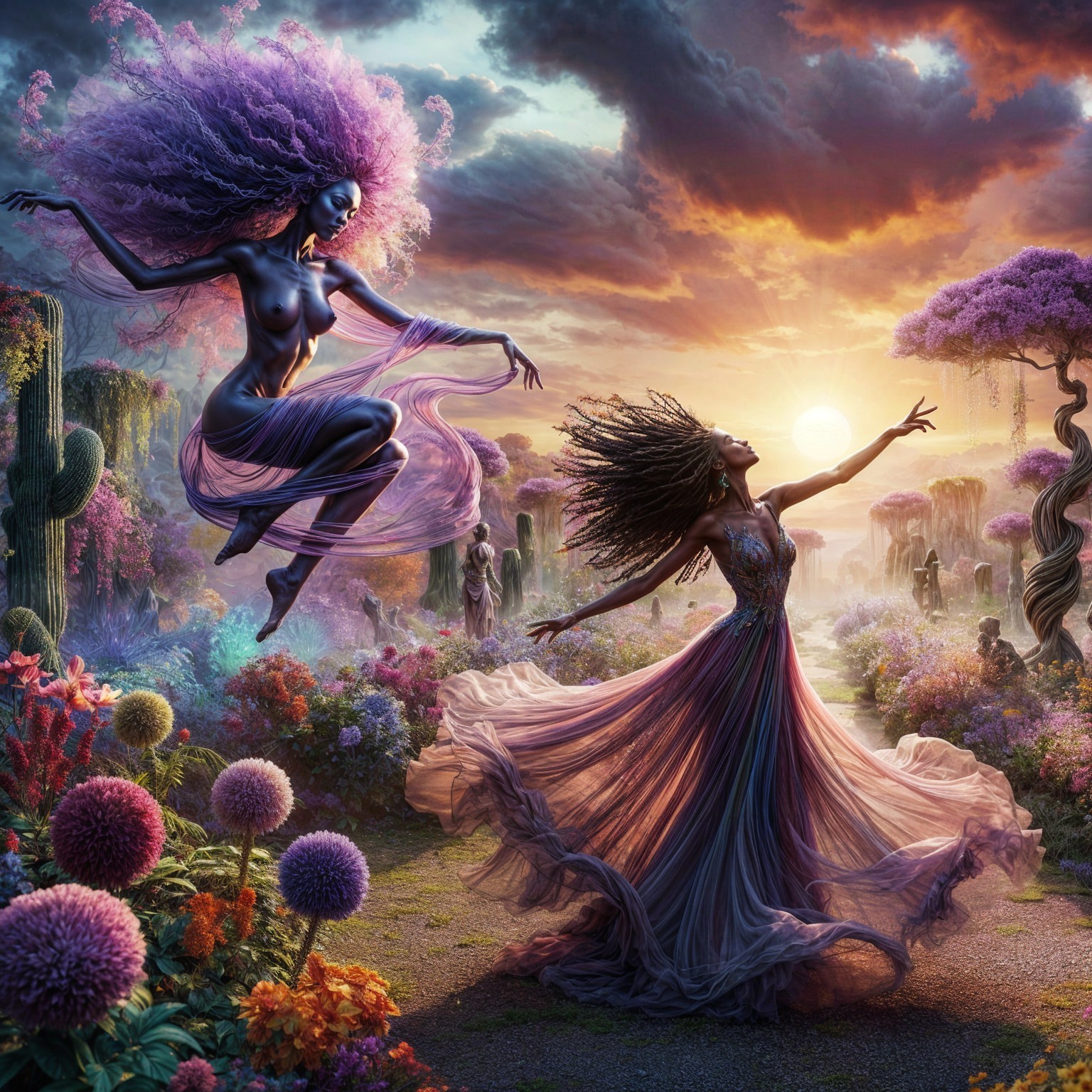 Ethereal Figures Dancing in a Vibrant Landscape