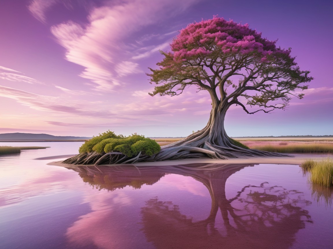 Majestic tree with pink blossoms by serene lake