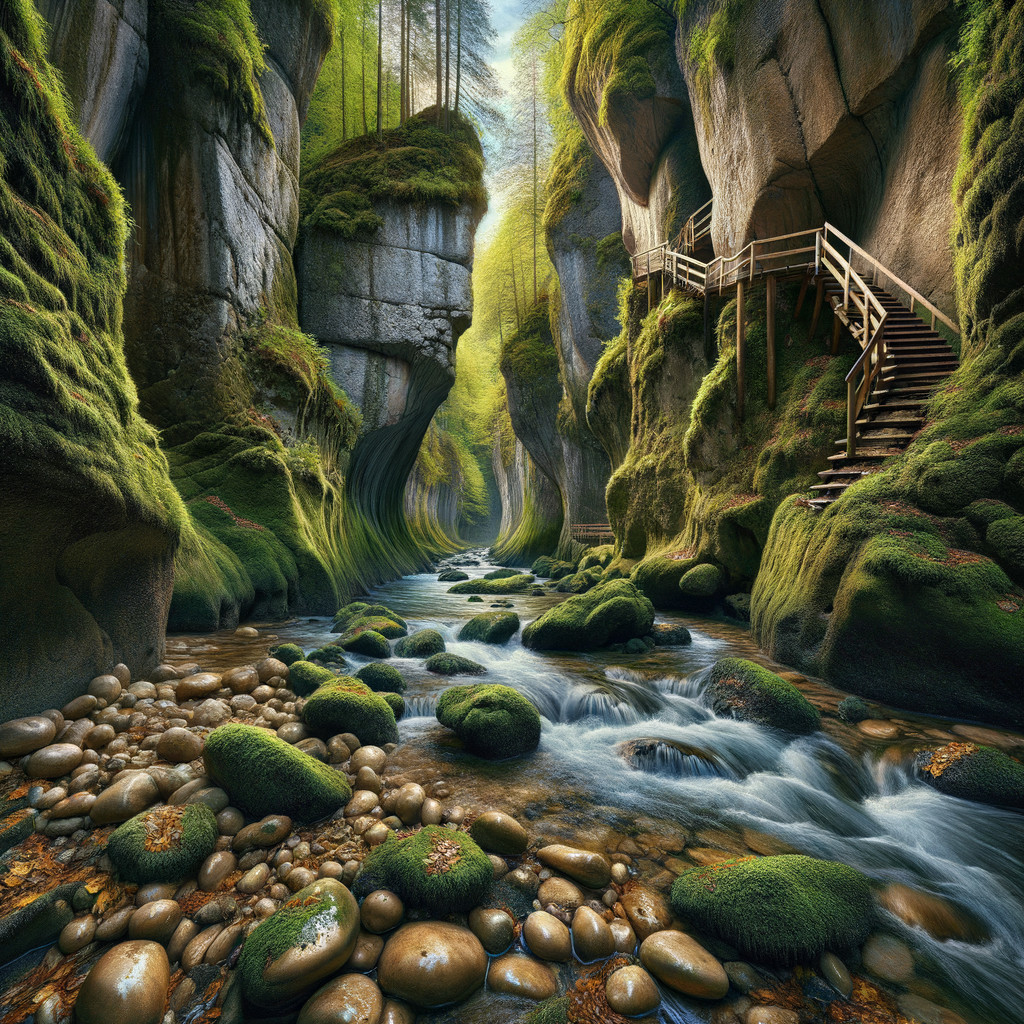 Serene Canyon with Moss-Covered Cliffs and Stream