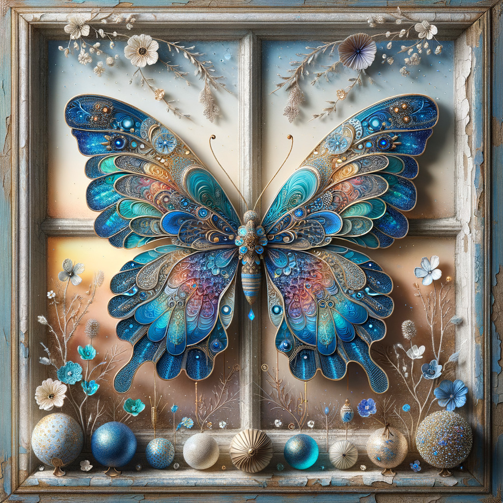 Vibrant Blue Butterfly in Derelict Window Frame