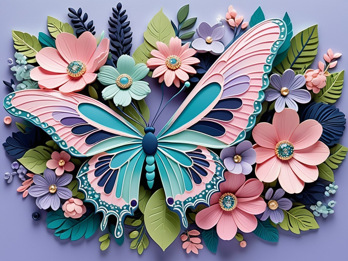 3D Butterfly Composition with Colorful Flowers and Leaves