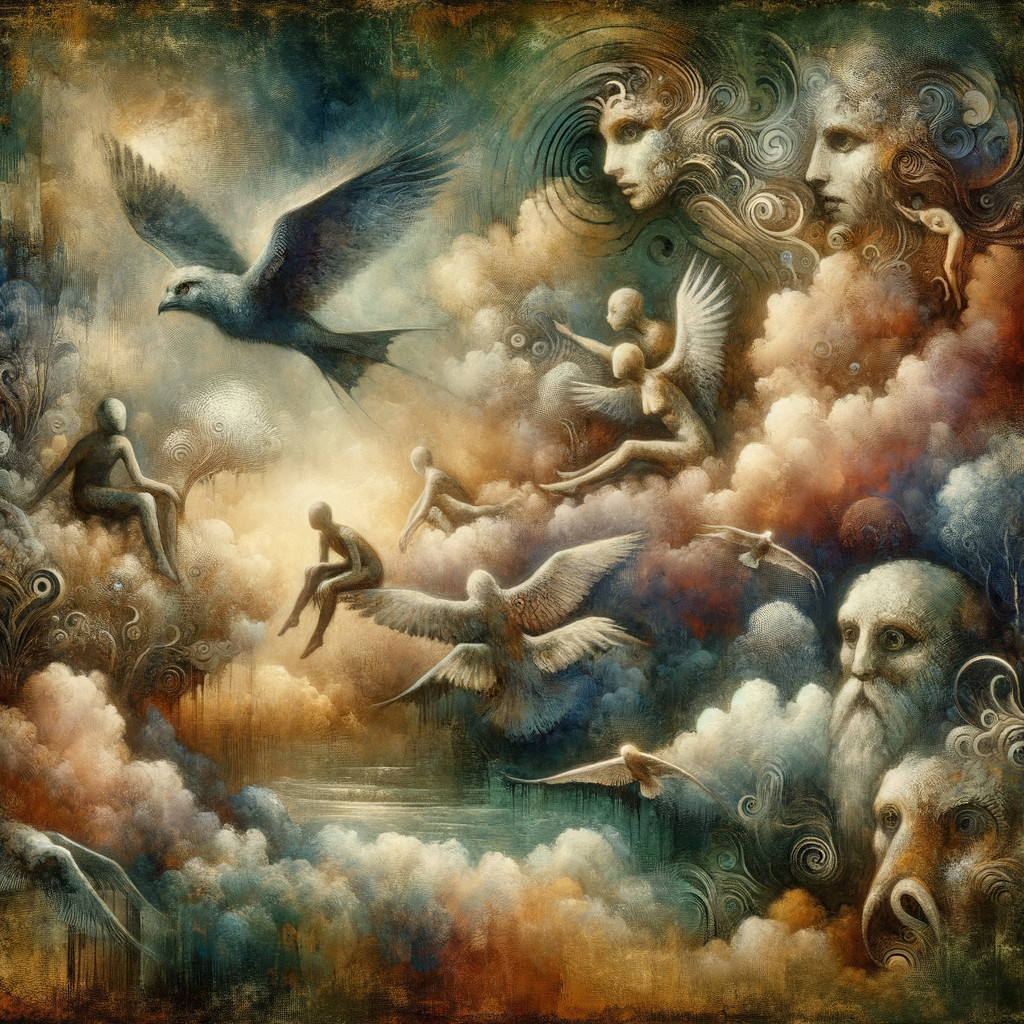Dreamlike Sky with Abstract Figures and Surreal Elements