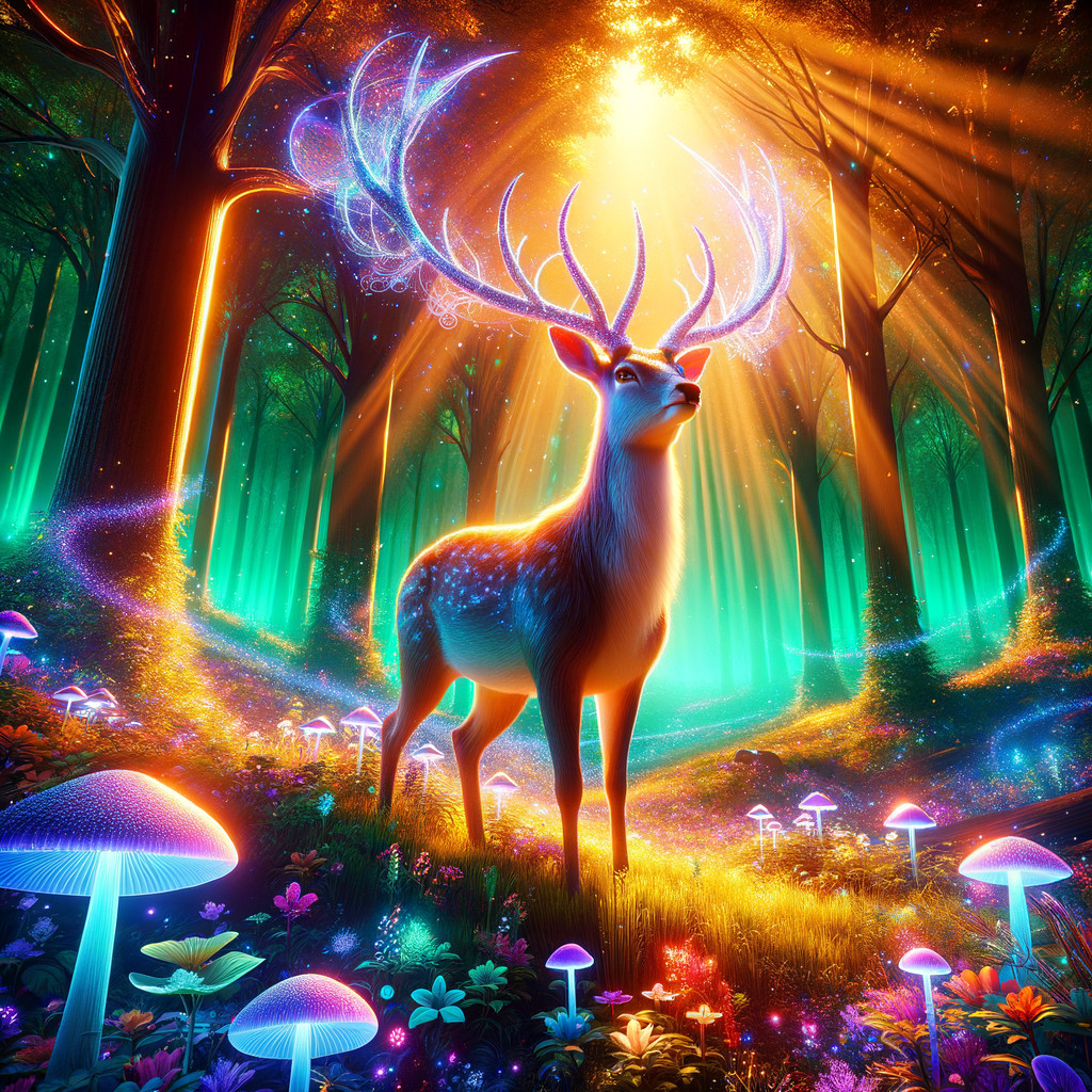 Majestic deer with glowing antlers in a mystical forest