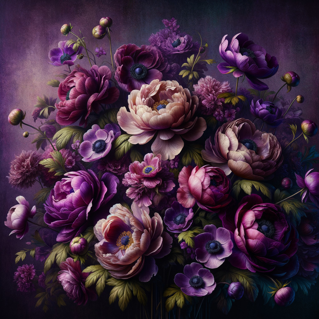 Lush Bouquet of Purple and Pink Flowers with Detail
