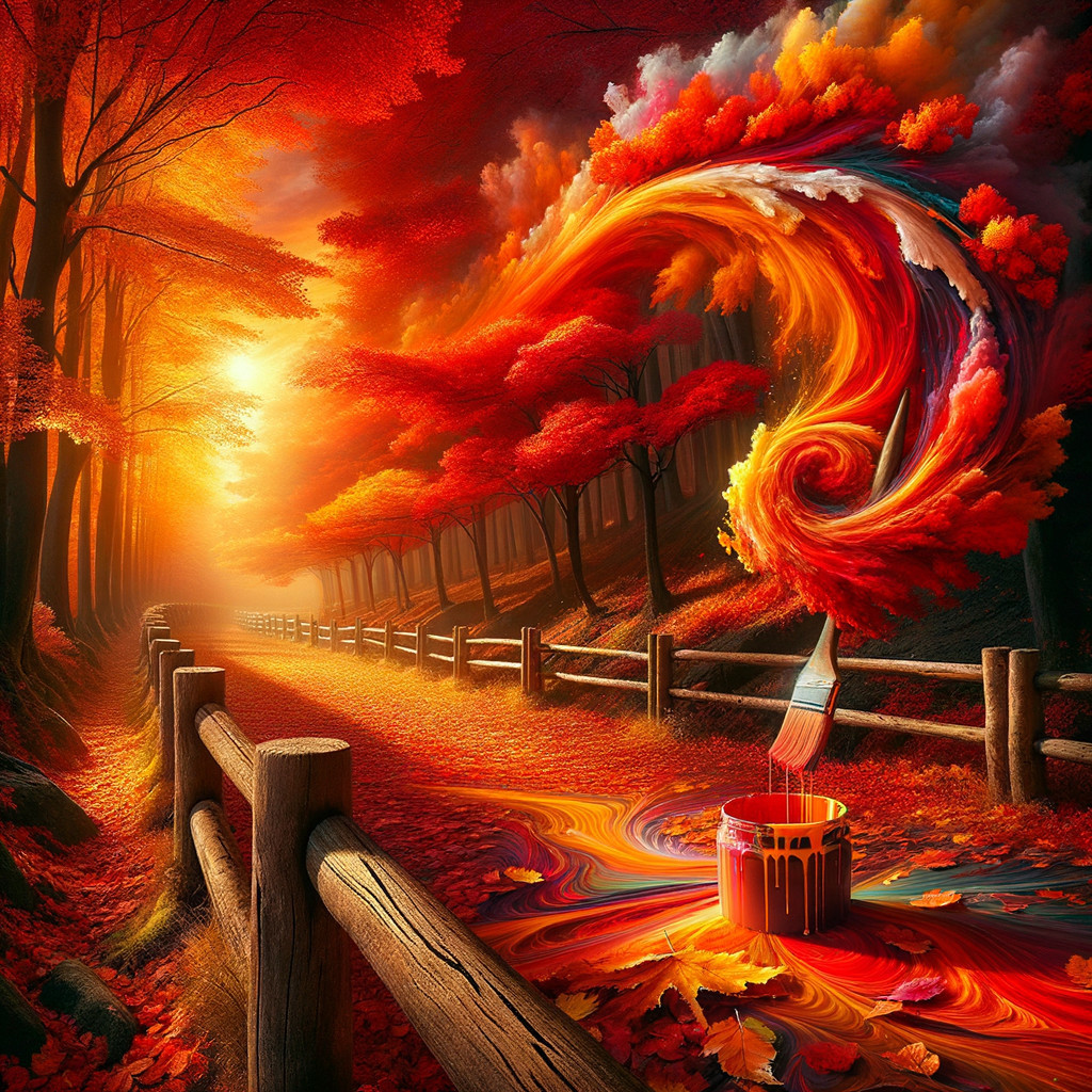 Vibrant Autumn Forest with Colorful Paint Stream