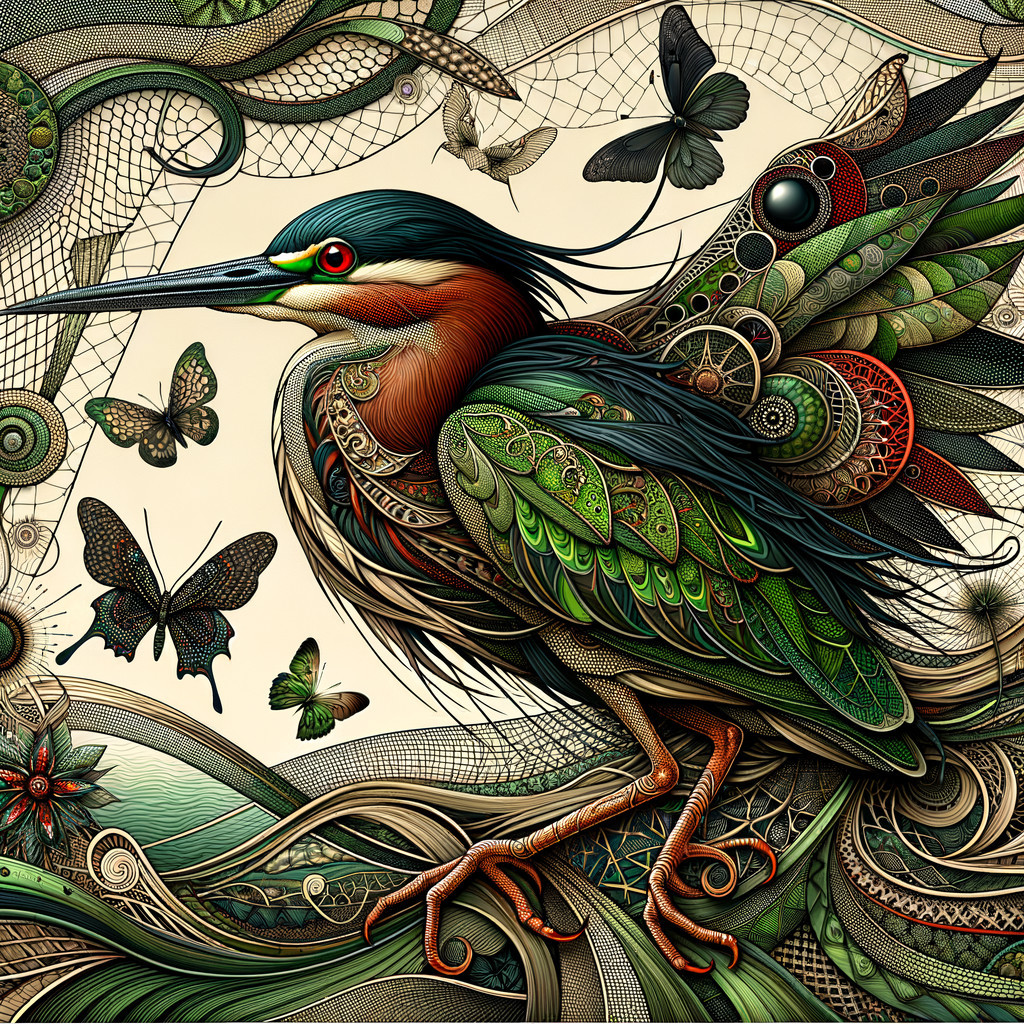 Vibrant Bird Artwork with Patterns and Butterflies