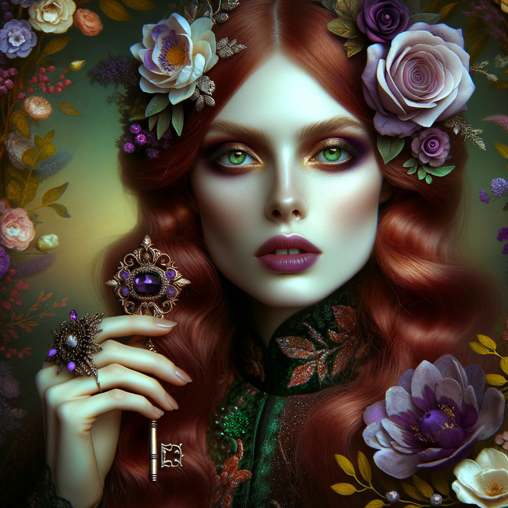Portrait of a Woman with Red Hair and Floral Elements