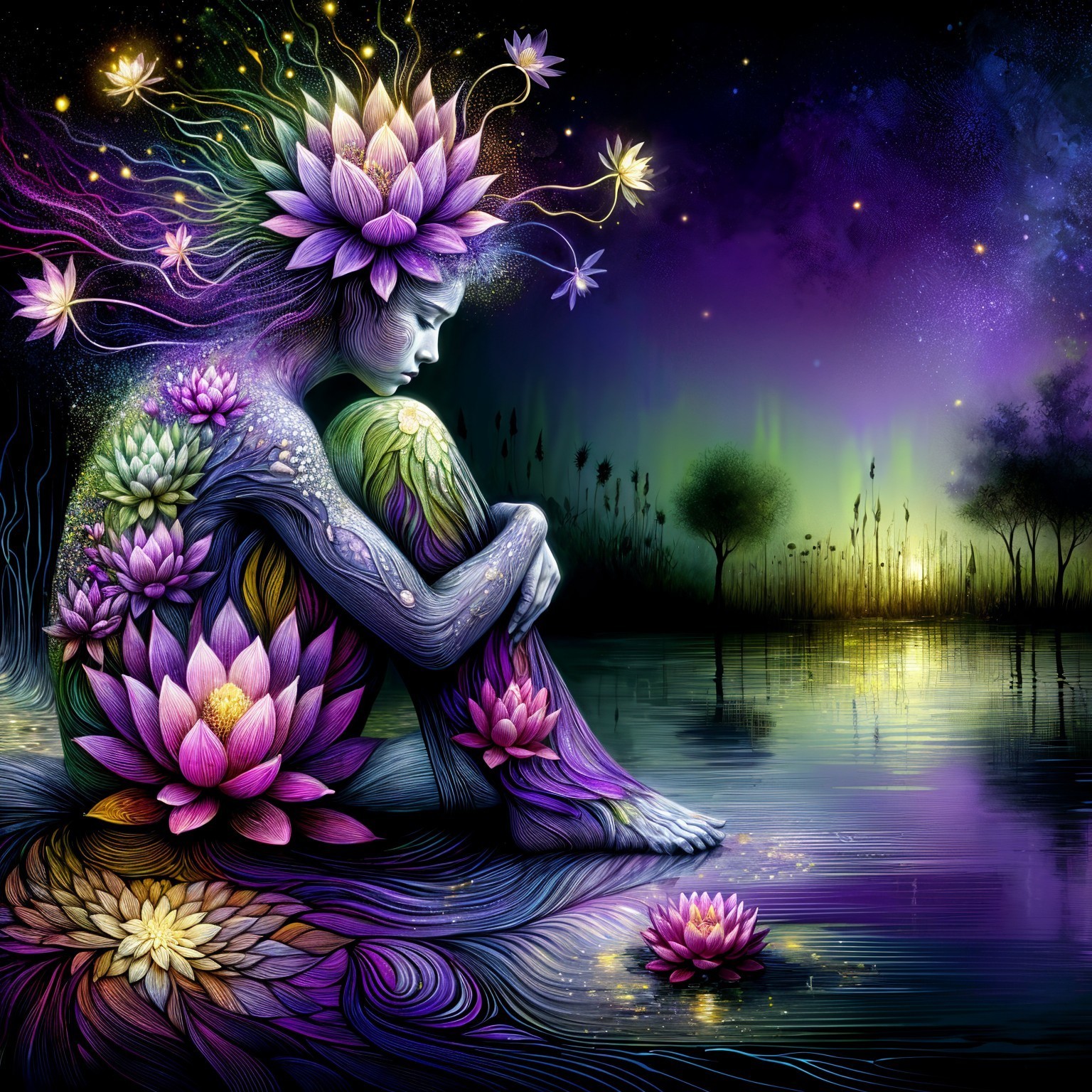 Serene Figure Surrounded by Lotus Flowers and Water