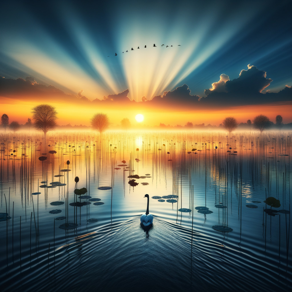 Serene Dawn Landscape with Lake and Silhouetted Trees