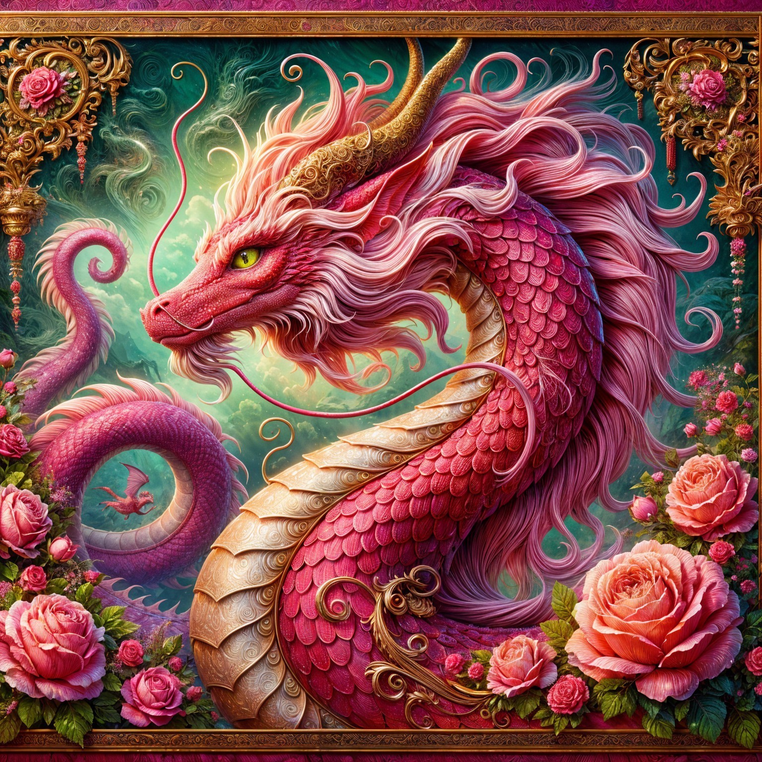 Vibrant Pink Dragon Surrounded by Lush Roses and Mist