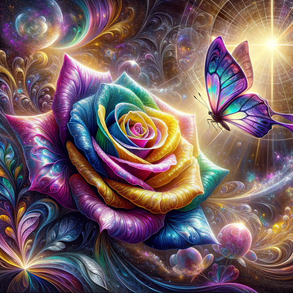 Vibrant Multicolored Rose with Shimmering Butterfly