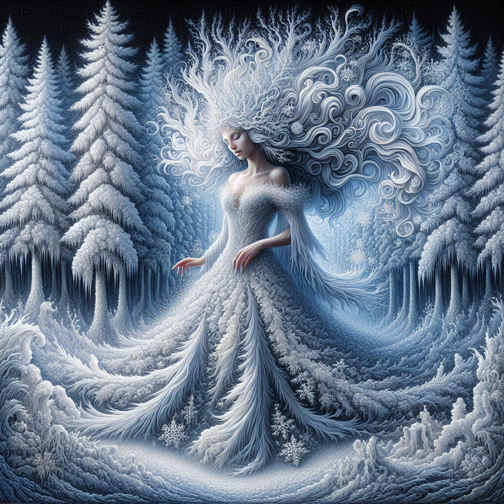 Mystical Figure in White Gown in Winter Landscape