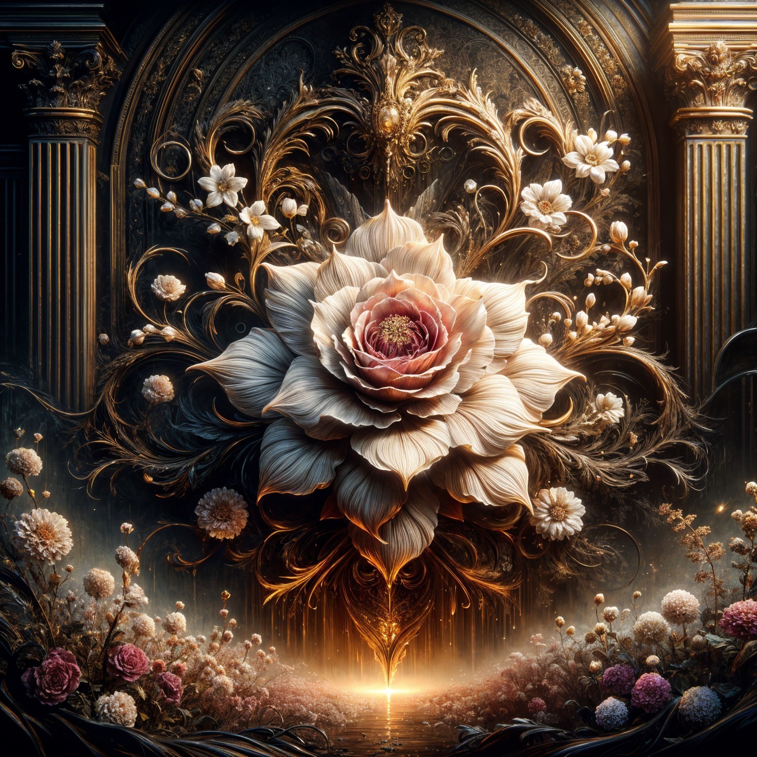 Intricate Floral Arrangement with Golden Flourishes