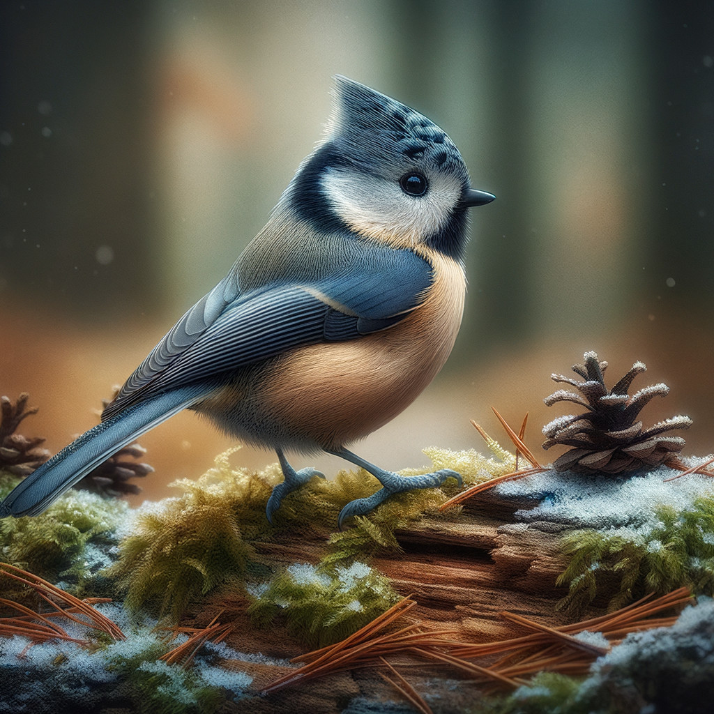 Charming Bird with Blue Crest in Winter Forest Setting