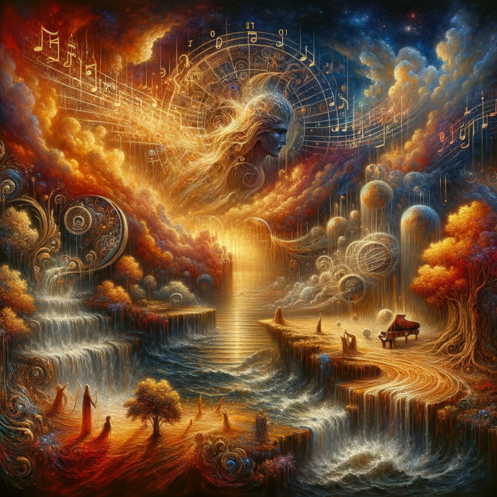 Ethereal Landscape with Waterfalls and Musical Elements