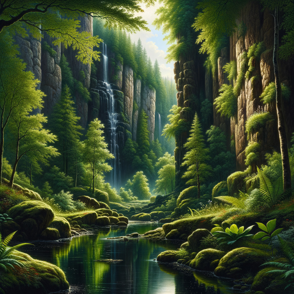 Serene Landscape of a Lush Green Valley and Waterfall