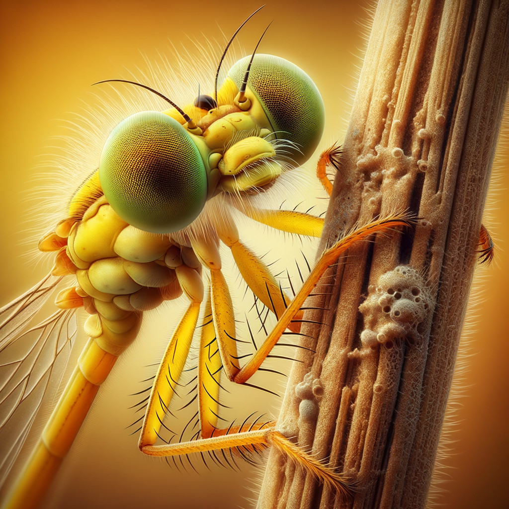 Close-up of a yellow dragonfly nymph on textured surface