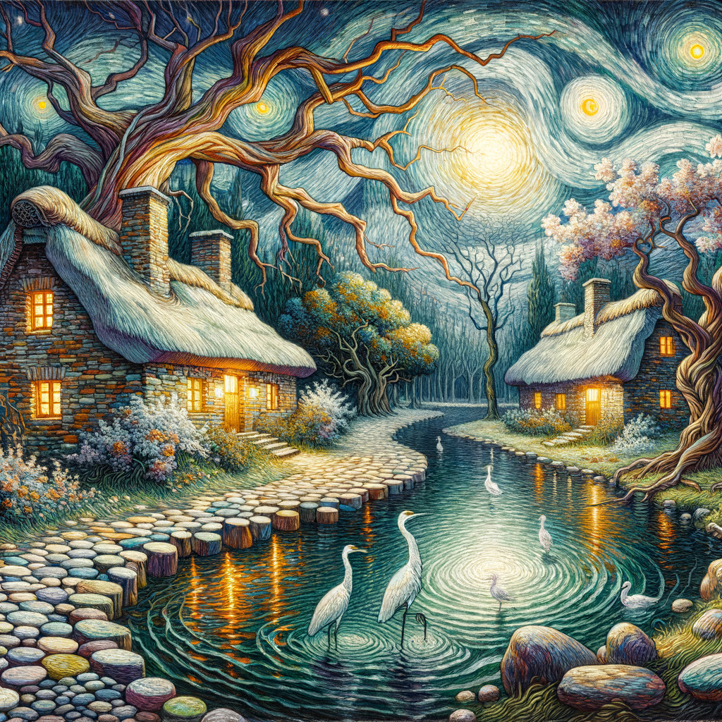 Twilight Scene of Cottages by a Serene River